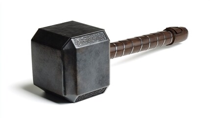 An Isolated Heavy Metal Hammer with an Ornamented Head and Wrapped Handle on a White Background