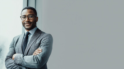 Confident african american businessman portrait in suit by the window