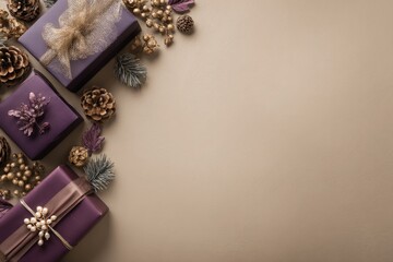 Elegant purple gift boxes and festive decorations are arranged artistically on a neutral background