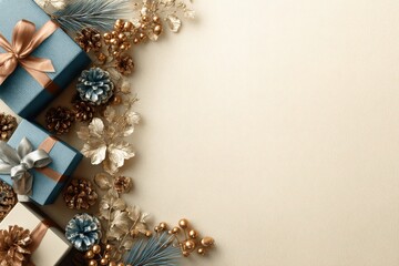 Naklejka premium Elegant holiday decorations and wrapped presents border a warm neutral background space