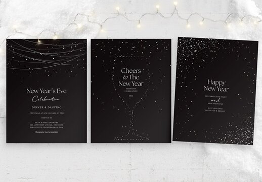 NYE New Years Eve Poster Flyer Template with Sparkles Vector in Luxury Black & Gold for Gala Events