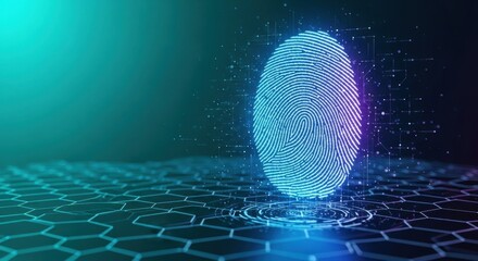 Futuristic digital fingerprint scan with glowing blue and purple light