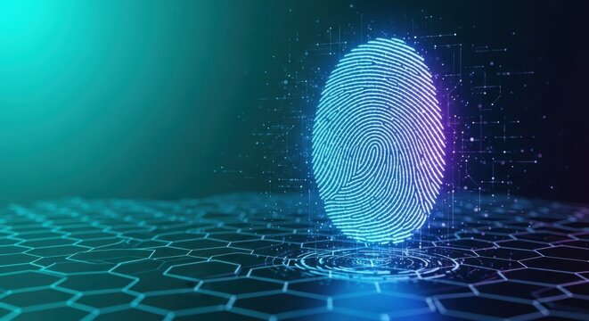 Futuristic digital fingerprint scan with glowing blue and purple light