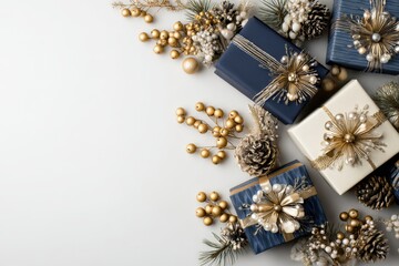 Assortment of elegantly wrapped holiday presents and festive embellishments arranged on a light surface