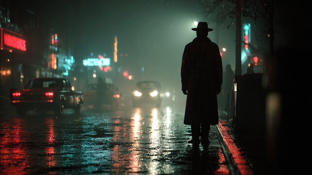 A mysterious figure stands on a rain-slicked street, enveloped in a fog-filled night, surrounded by city lights. The atmosphere is thick with intrigue - Powered by Adobe