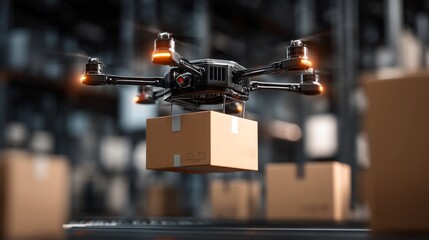 Autonomous Drone Delivering a Package in a Warehouse, Representing Modern Logistics and Technological Efficiency
