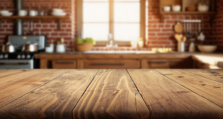 Empty wood table top view for product display montage on blur kitchen counter and wide window background