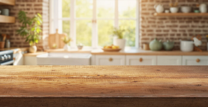 Empty wood table top view for product display montage on blur kitchen counter and wide window background