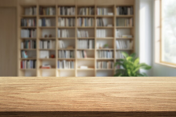 Blurred background of modern office workspace with bookshelves and wooden desk on foreground © Agil