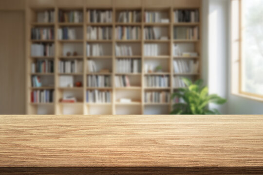 Blurred background of modern office workspace with bookshelves and wooden desk on foreground