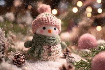 Obraz premium Adorable crocheted snowman figure sits in softly falling snow amidst festive decorations