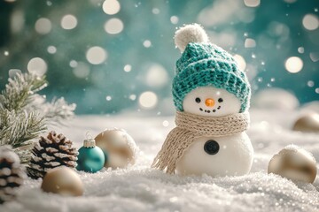 Obraz premium Charming snowman wearing a knitted hat and scarf sits in glistening snow amidst festive decorations