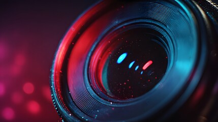 Close up of a camera lens with a red and blue background. The lens is surrounded by a blurry background, giving the impression of a photo that has been edited or manipulated. The colors of the lens