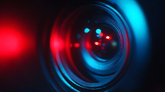 Close up of a camera lens with a red and blue background. The lens is surrounded by a red and blue glow, giving the image a surreal and dreamlike quality - Powered by Adobe