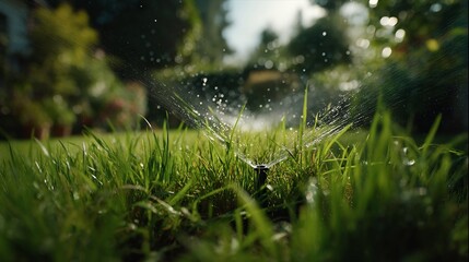 Close-Up of a Lawn Sprinkler Watering Grass on a Green Yard, Garden Irrigation and Hydration Concept.