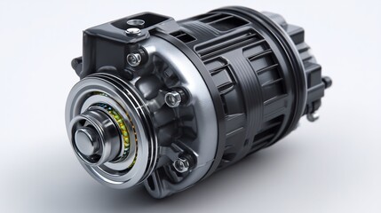 Close-up of a Mechanical Component with Shiny Metal Parts, Bolts, and a Pulley for Potential Automotive or Industrial Use.