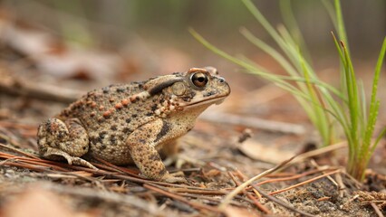 Fototapeta premium Macro photo of a tiny Oak Toad (Anaxyrus quercicus) camouflaged among pine needles and leaf litter in its natural habitat.