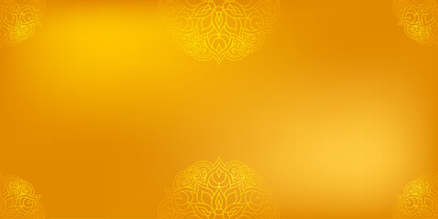 Intricate yellow and orange mandala designs adorn the corners of a white gradient orange background.  Islam, arabic, Indian, ottoman motifs