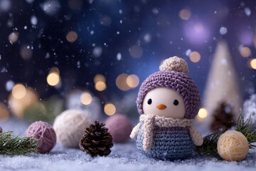 Obraz premium Handmade winter creature figure rests in snow amongst holiday decorations under falling flakes