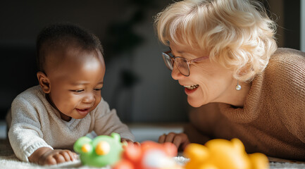 Loving grandmother playing with her baby grandson at home