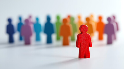 Red wooden figure leading a colorful crowd in the background with copy space
