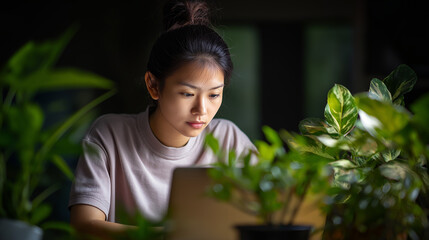 Young Asian woman focused on her laptop while working late at night at home
