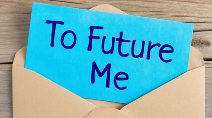 To Future Me message on a blue note inside an envelope