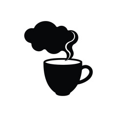 Black Silhouette Icon of Steaming Coffee or Tea Cup with Cloud-Shaped Vapor