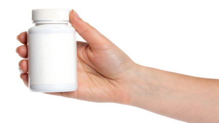 Hand holding a blank white medicine pill bottle mockup cut out on PNG. AI GENERATED.