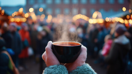 Hands in gloves holding a steaming cup of a hot drink at a festive market