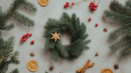 Top view of a festive Christmas wreath with natural decorations on a grey background