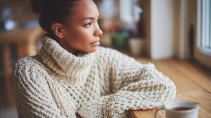Pensive woman in a chunky knit sweater looking out a window