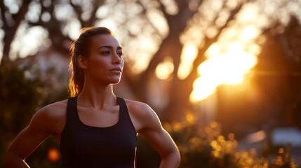 Portrait of a fit woman in black sportswear standing outdoors in the golden sunset light with copy space