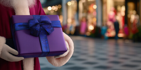 Close up of Santa Claus holding a purple gift box with a blue ribbon with copy space