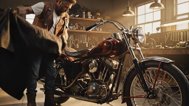 A bearded man in a leather vest prepares for a journey, putting on his jacket next to his vintage motorcycle in a well-equipped workshop, highlighting a passion for mechanics and the open road