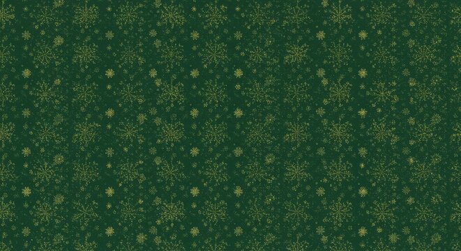 Festive Emerald: Golden Snowflake Pattern on Deep Green Background, Winter Holiday Texture