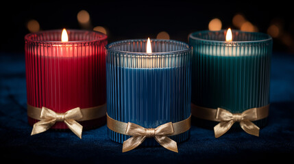 Festive red blue and green candles with gold ribbons on a dark background