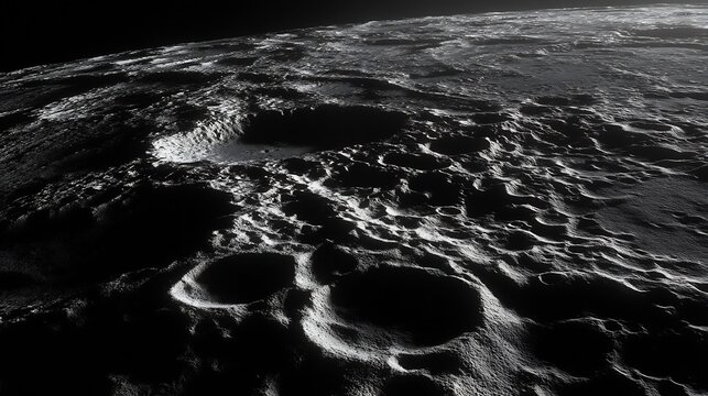 Cratered Lunar Under Sunlight, Monochrome Landscape of a Barren Celestial Body