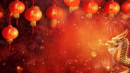 Vibrant red lanterns and a golden dragon illuminate a festive fireworks display, celebrating Chinese New Year and cultural traditions with brilliant light and auspicious symbols.