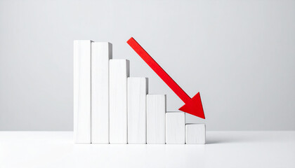 Minimalist white graph with red arrow pointing down, financial decline, business risk and market loss