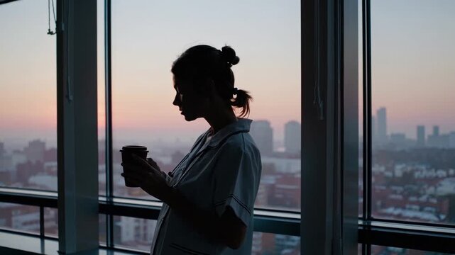 white woman silhouette on balcony, holding mug and phone against pastel city skyline at dusk, contemplative mood, glass windows, highrise apartment, soft twilight tones, quiet solitude and urban