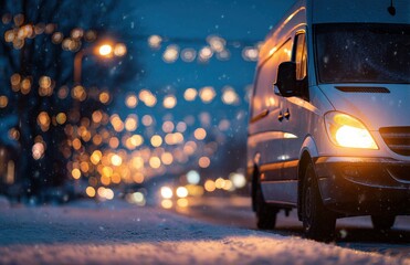 Courier Van on Snowy Street with Holiday Bokeh Lights