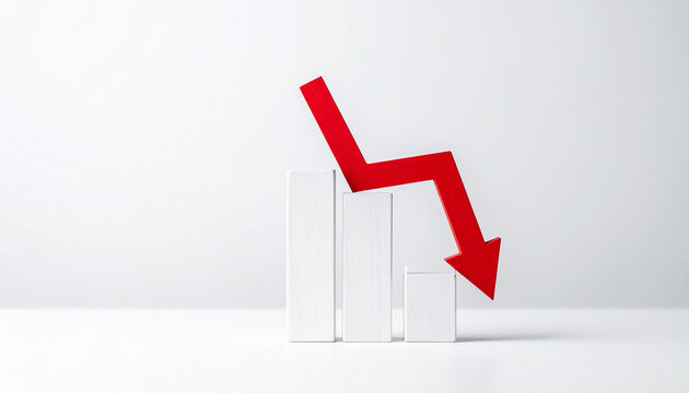 Minimalist white graph with red arrow pointing down, financial decline, business risk and market loss