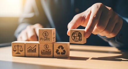 Business cubes with icons representing finance, profit, and global business