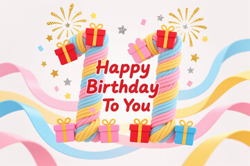 A digital illustration featuring Happy Birthday To You in red, surrounded by colorful twisted 11 gifts, and festive fireworks.