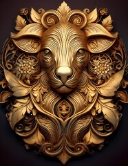 Ornate golden lion face with floral and symmetrical baroque patterns