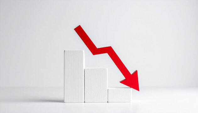 Minimalist white graph with red arrow pointing down, financial decline, business risk and market loss