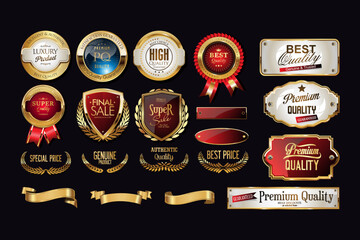 Gold shield icon, logo, security badge, vector design.Best seller, best quality product vector badges. Luxury gold, Silver, bronze, black and gold circle labels, sign, seal, symbol, stamp, sticker