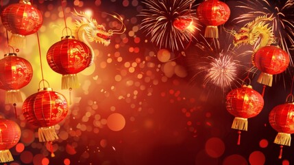 Vibrant red lanterns and golden dragon float against a backdrop of dazzling fireworks and glowing bokeh, celebrating festive Asian culture and joyous occasions.