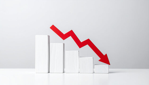Minimalist white graph with red arrow pointing down, financial decline, business risk and market loss
